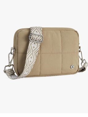 Beige Woman’s Quilted Crossbody Bag with Patterned Strap